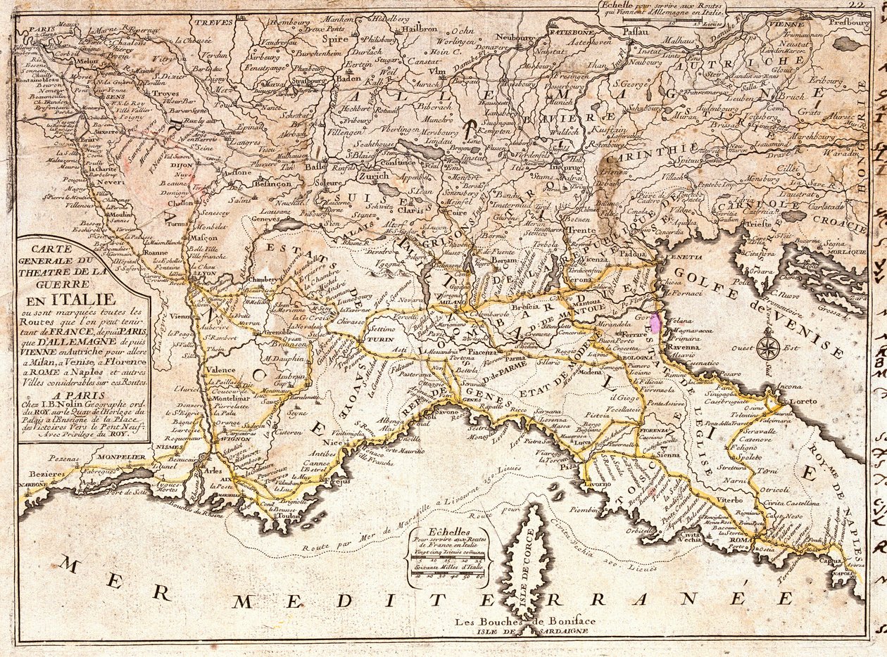 Kort over vejene, der fører til de vigtigste italienske byer fra hele Europa (gravering af Jean Baptiste Nolin