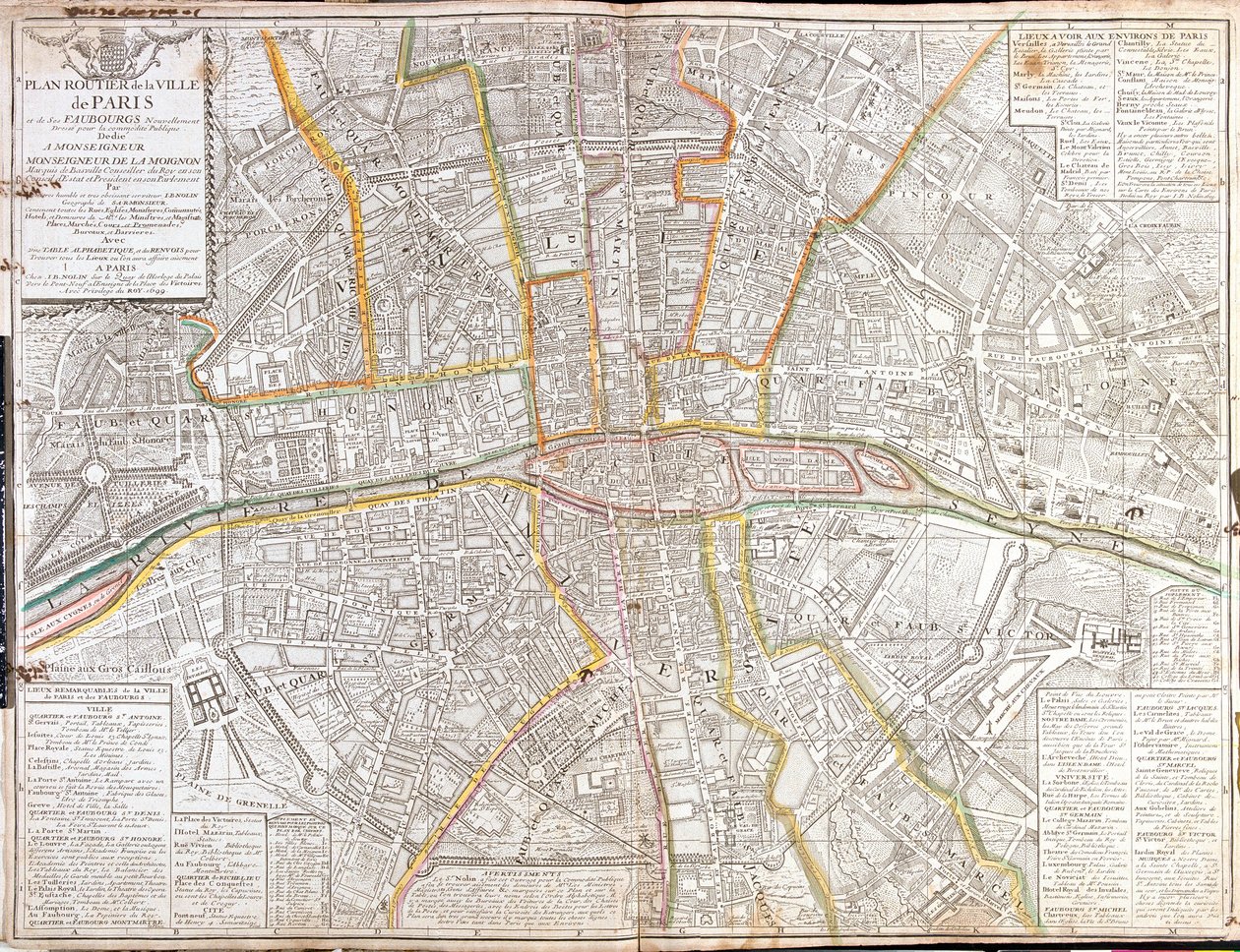 Rutekort over Paris og dets forstæder af Jean Baptiste Nolin