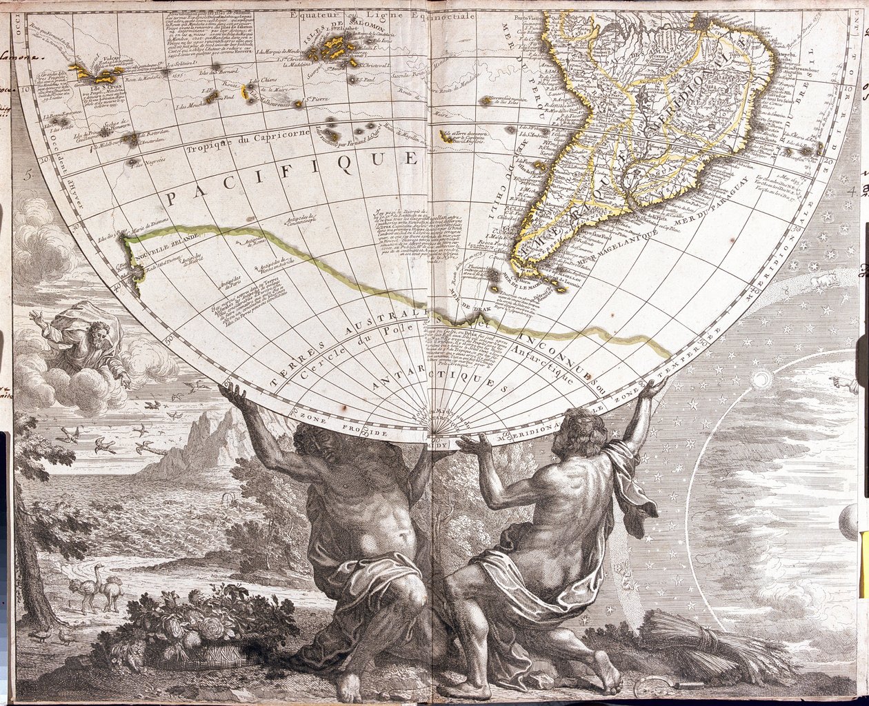 To mænd støtter det jordiske væk, med kortet over Sydamerika (radering af Jean Baptiste Nolin