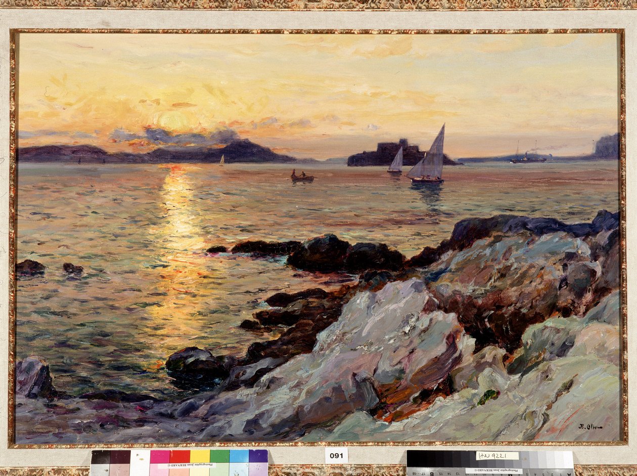 Solnedgang på Frioul-maleri af Jean Baptiste Olive (1848-1936) 20. århundrede Dim. 50x73 cm Obligatorisk omtale: Samlingsstiftelsen hilsen Provence, Marseille af Jean Baptiste Olive