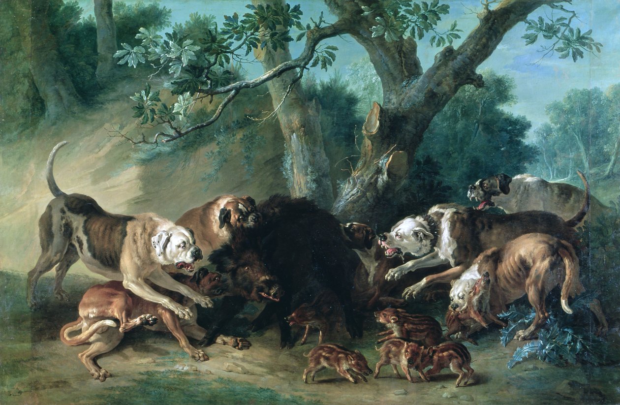 En vild so og hendes unge angrebet af hunde af Jean Baptiste Oudry