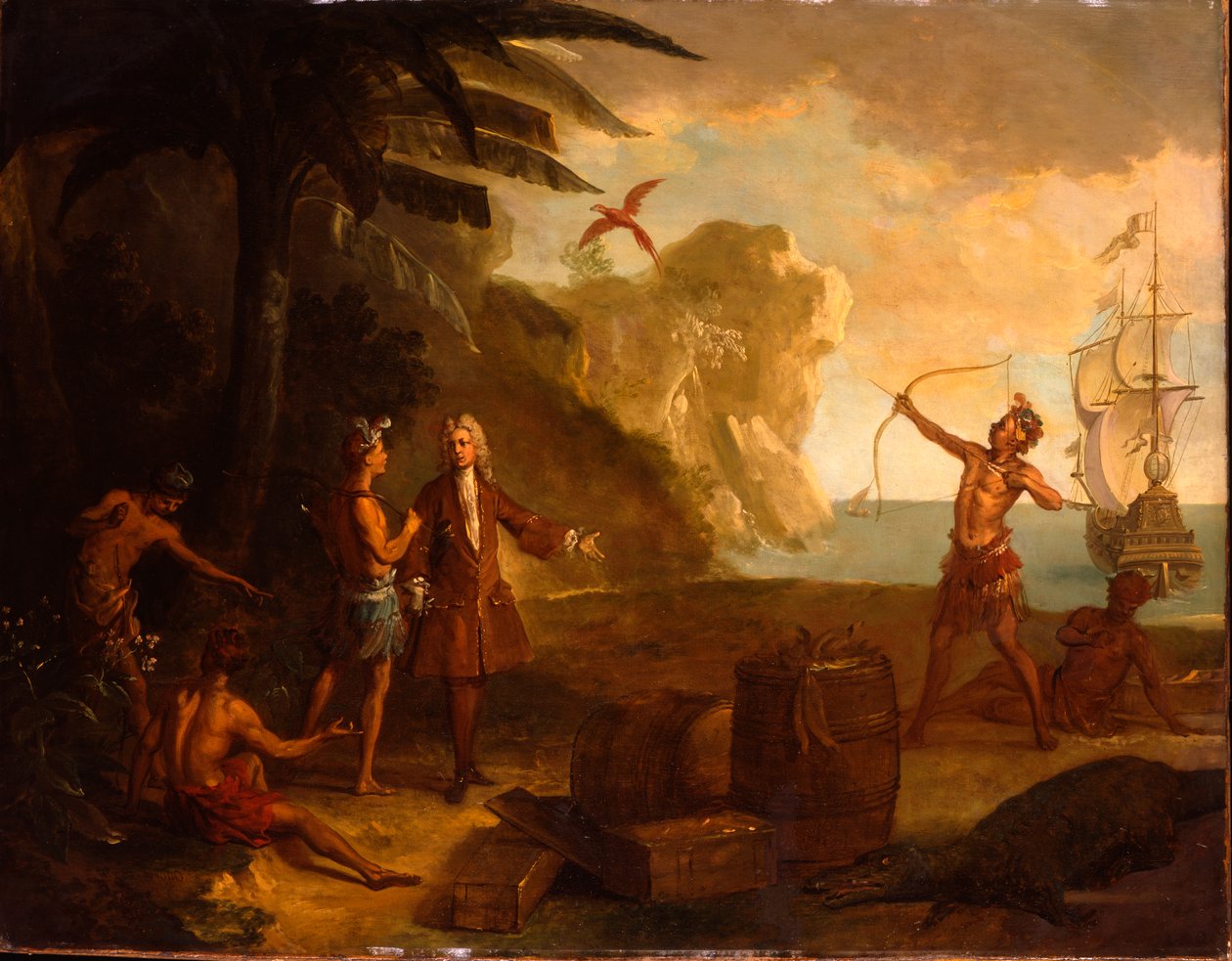 Amerika - En europæisk købmand, der forhandler med indianere om en tønde tobak og andre varer, 1724 af Jean Baptiste Oudry