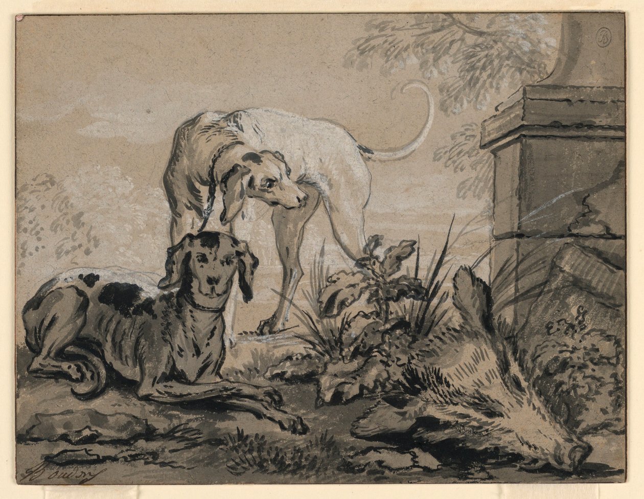 Tegning, Efter jagten: To hunde ved siden af et vildsvinehoved, 1740 af Jean Baptiste Oudry