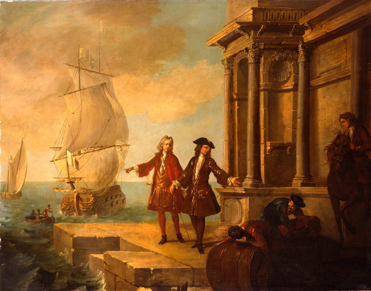 Europa - Europæiske købmænd med stevedorer, der håndterer en tønde og en balle på en kaj, 1724 af Jean Baptiste Oudry