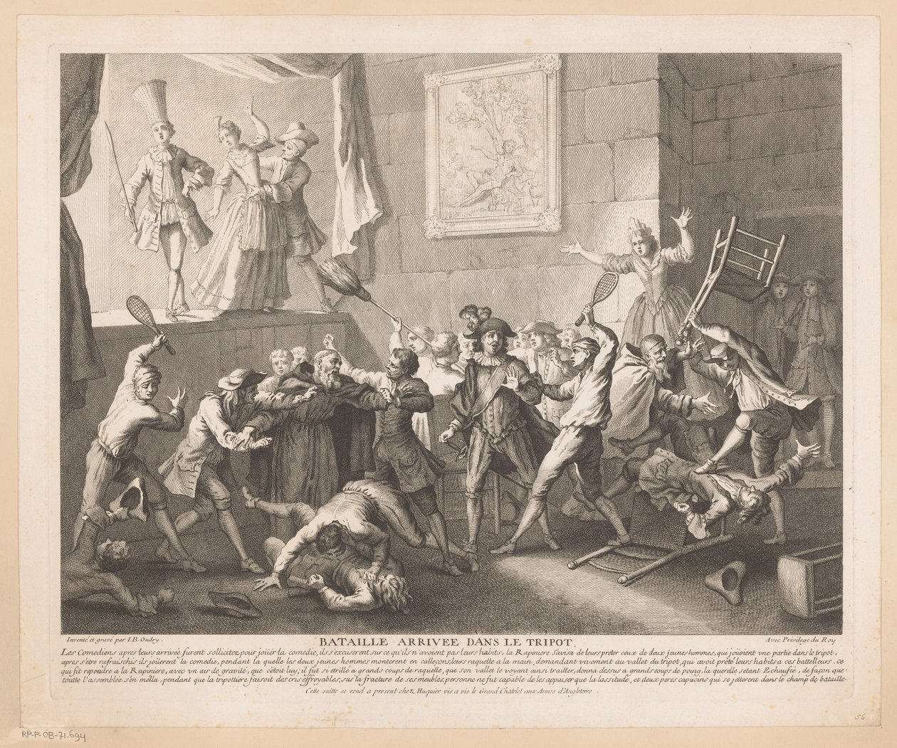 Kæmp i et teater Bataille arrivée dans le tripot (titel på objekt) Scener fra Scarrons Roman Comique (serietitel) af Jean Baptiste Oudry