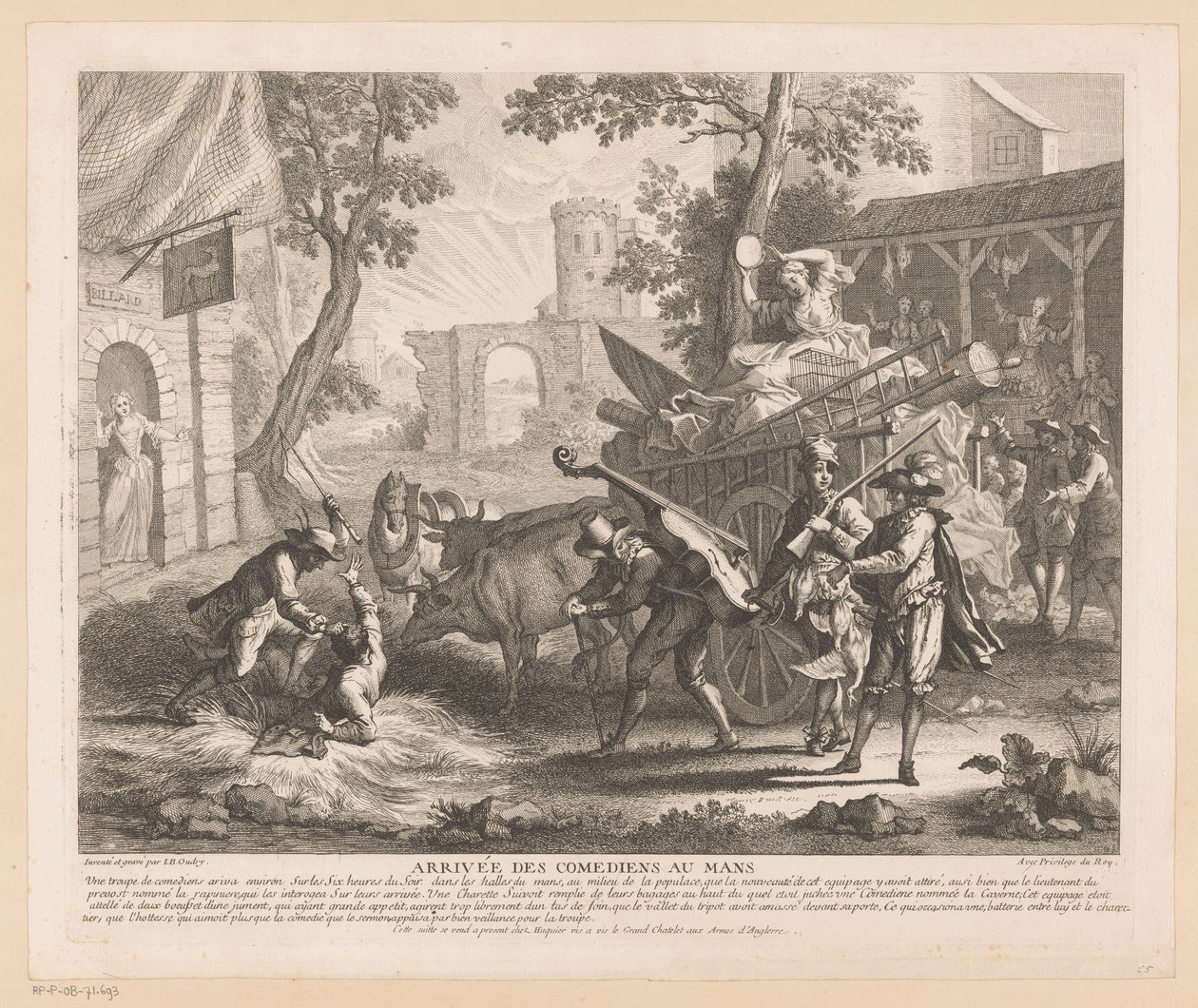 Selskab ankommer til en kro Arrivée des comediens au Mans (titel på objekt) Scener fra Scarrons Roman Comique (serietitel) af Jean Baptiste Oudry