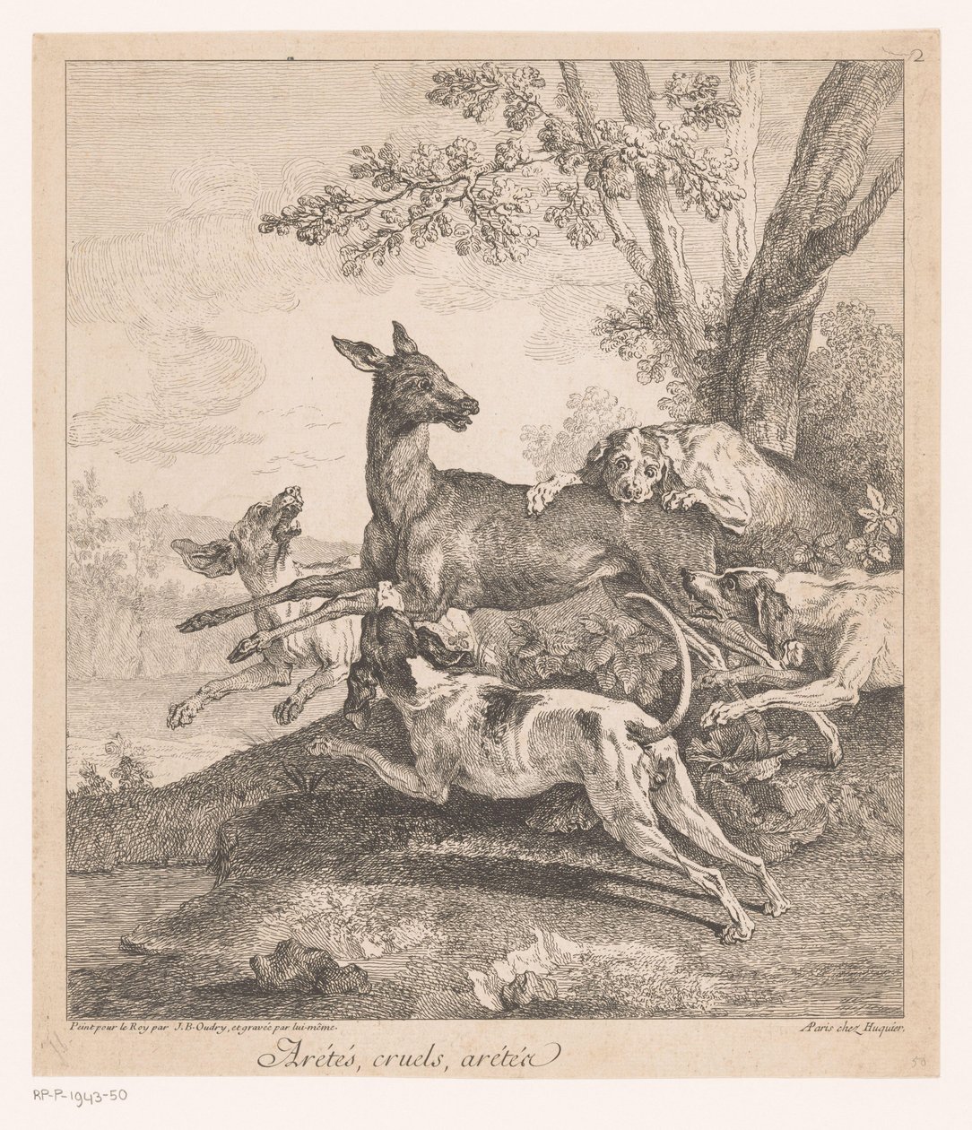 Hjorte angrebet af jagthunde Arrêtés, grusomme, arrêtez (...) (titel på objekt) Jagtscener (serietitel) af Jean Baptiste Oudry