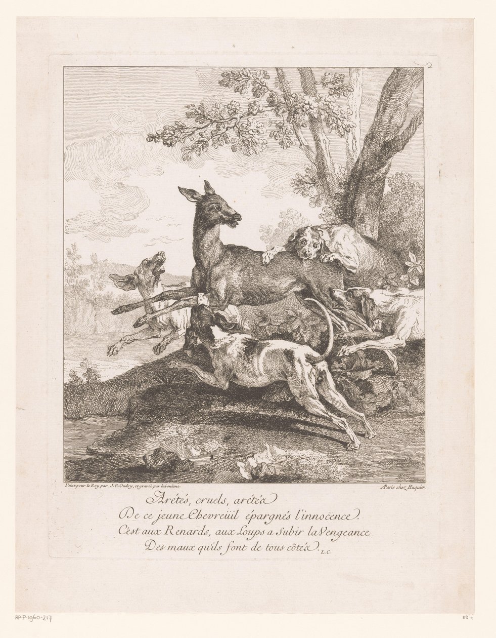 Hjorte angrebet af jagthunde Arrêtés, grusomme, arrêtez (...) (titel på objekt) Jagtscener (serietitel) af Jean-Baptiste Oudry