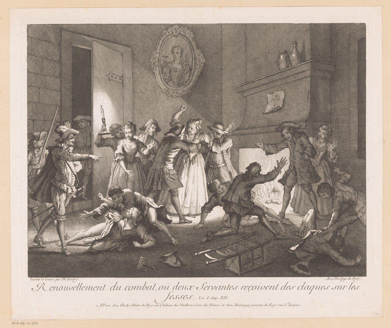 Interiør med gruppe vechtende mennesker Fornyelse af kampen, hvor to tjenere får lussinger på balderne (titel på objekt) Scener fra Roman Comique van Scarron (serietitel) af Jean Baptiste Oudry