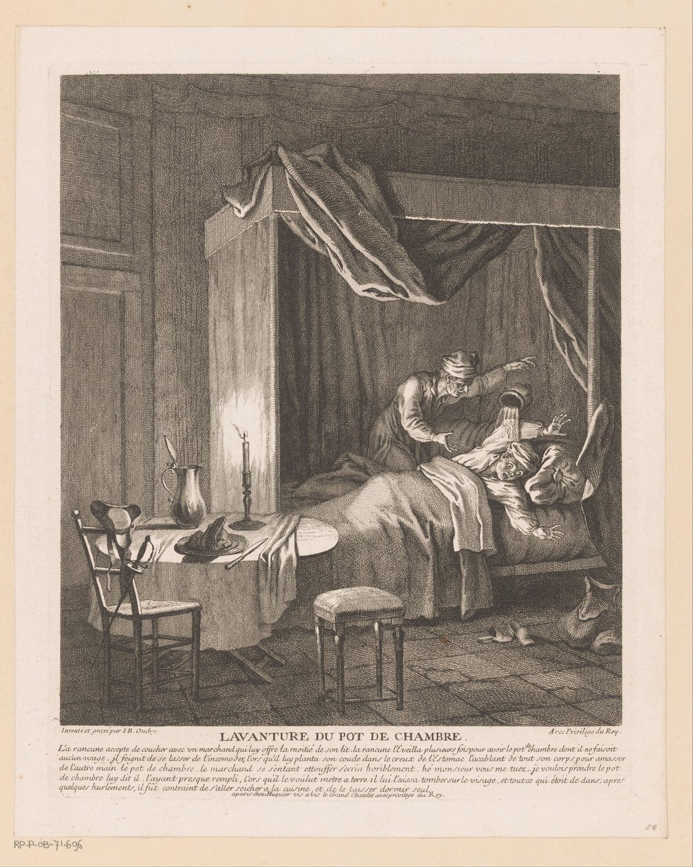 Mennesket er forskrækket vågent af kammerpotten, der bliver tømt over ham Lavanture du pot de chambre (titel på objekt) Scener fra Scarrons Roman Comique (serietitel) af Jean Baptiste Oudry