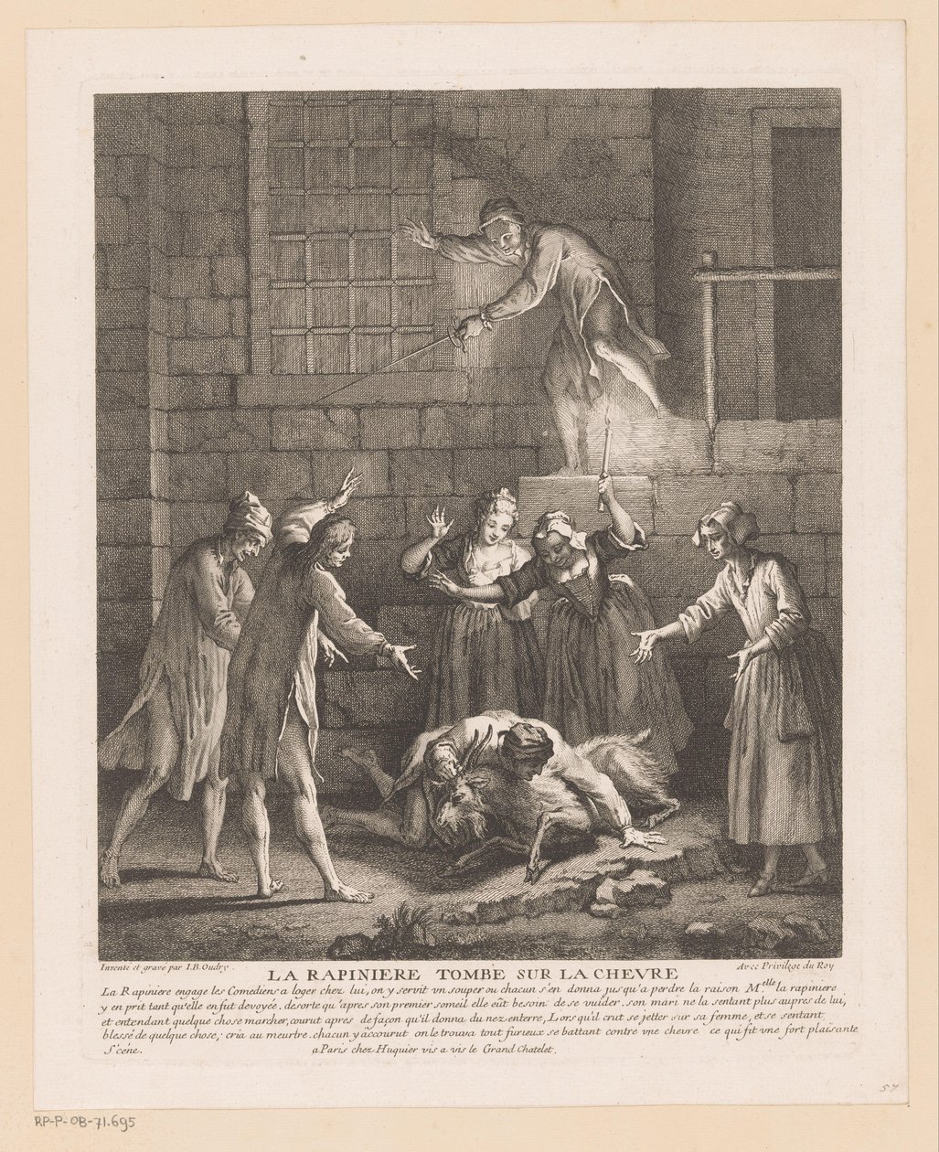 Man valt overop en geit La Rapinière falder på geden (titel på objektet) Scener fra Roman Comique van Scarron (serietitel) af Jean Baptiste Oudry