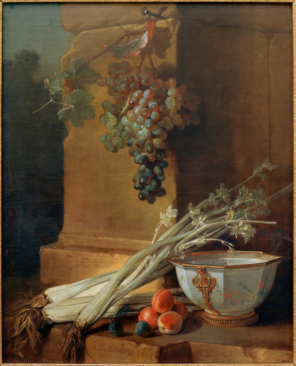 Stilleben med frugt, selleri og en kop por af Jean Baptiste Oudry