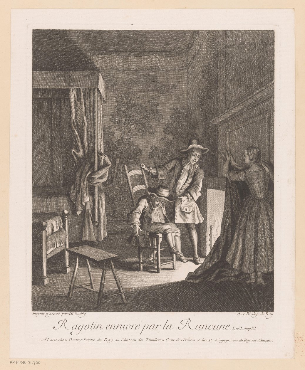 Ragotin drukket på en stol ved bålet Ragotin ennivré par la rancune (titel på objekt) Scener fra Scarrons Roman Comique (serietitel) af Jean Baptiste Oudry