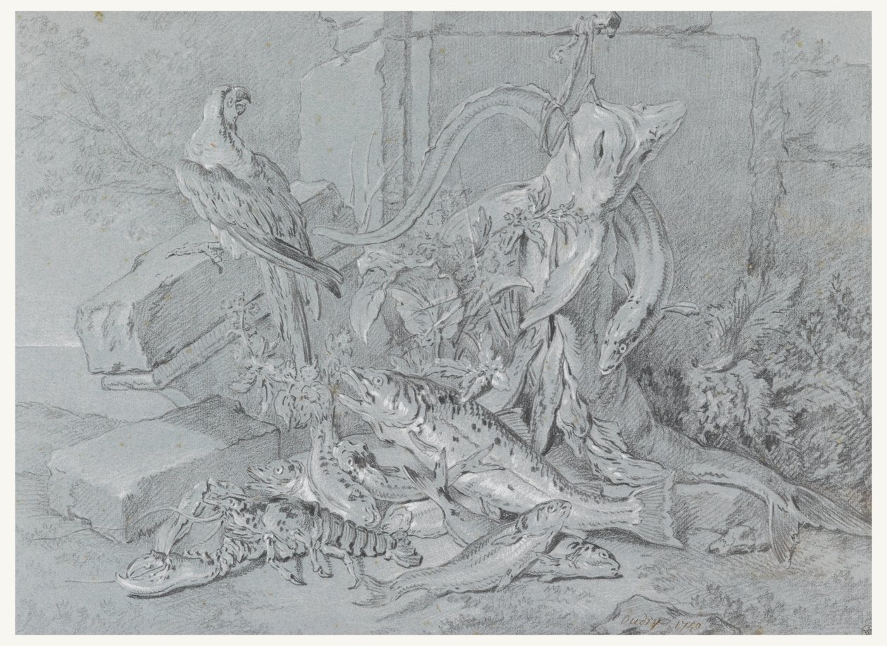 Stilleben med fisk og papegøje af Jean Baptiste Oudry