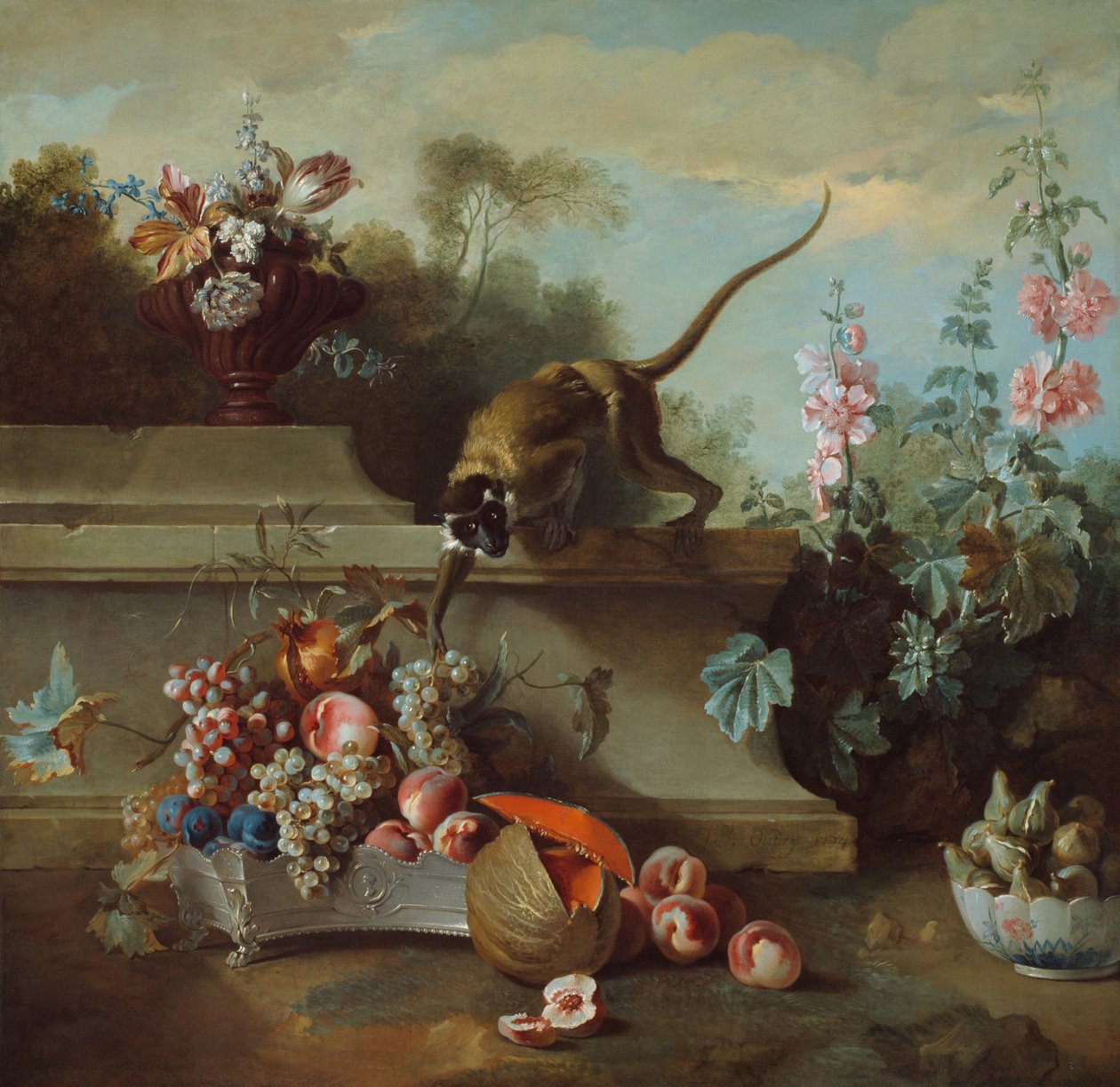 Stilleben med abe, frugter og blomster af Jean Baptiste Oudry