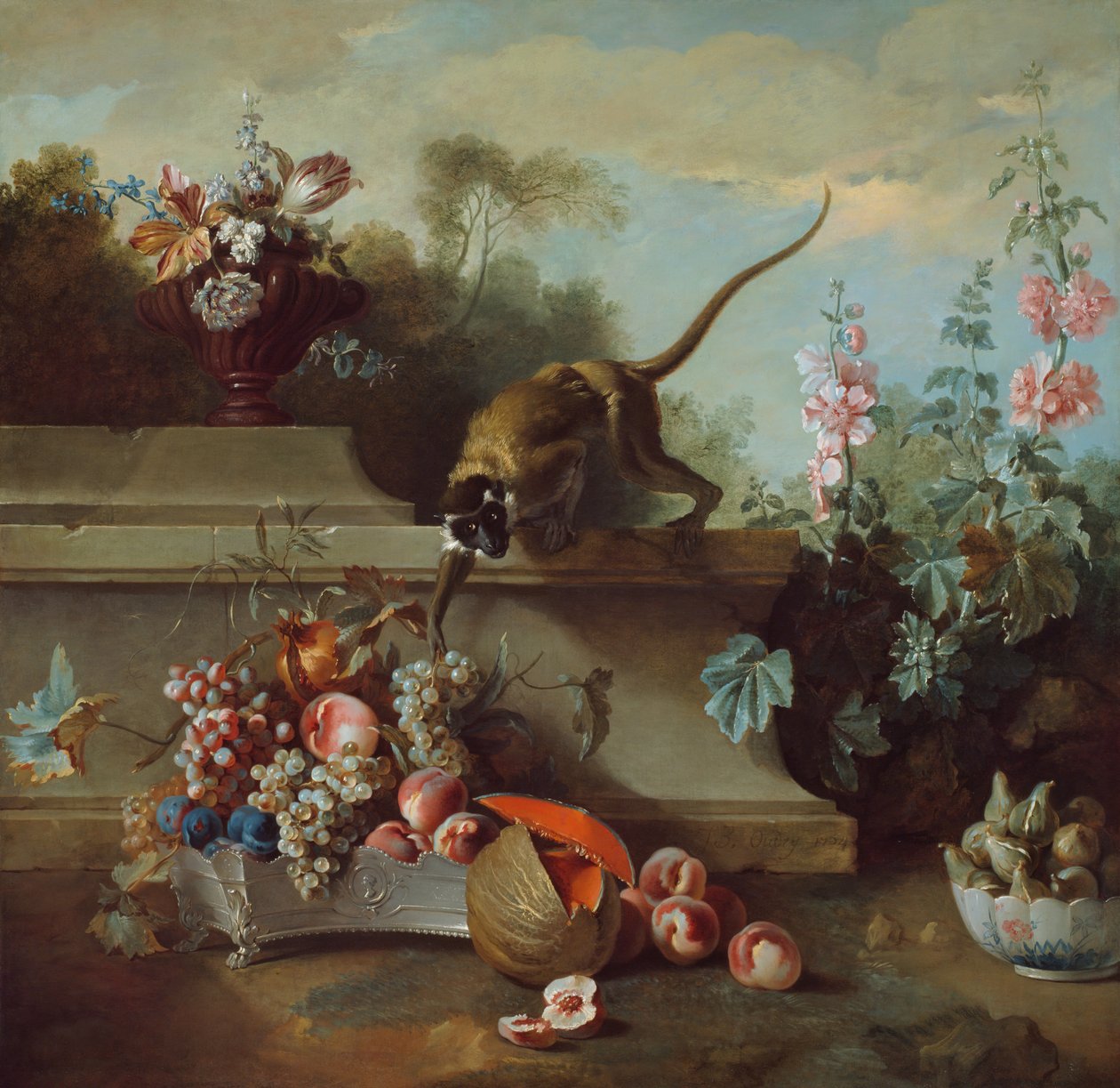 Stilleben med abe, frugter og blomster, 1724. af Jean Baptiste Oudry