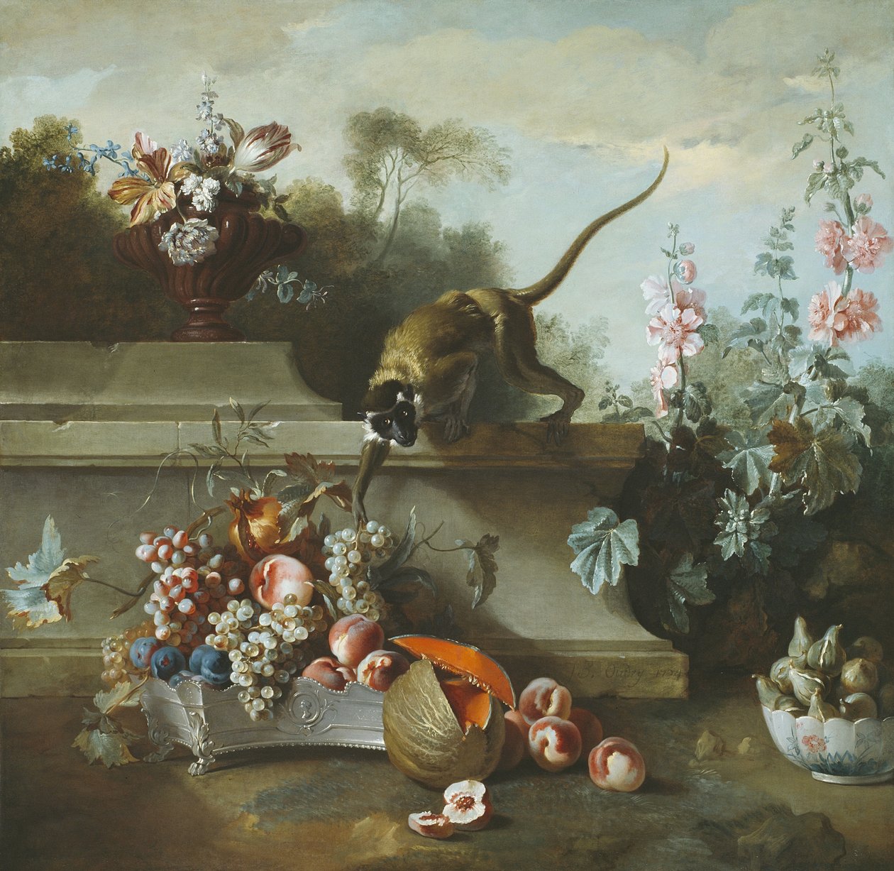 Stilleben med abe, frugter og blomster, 1724 af Jean Baptiste Oudry