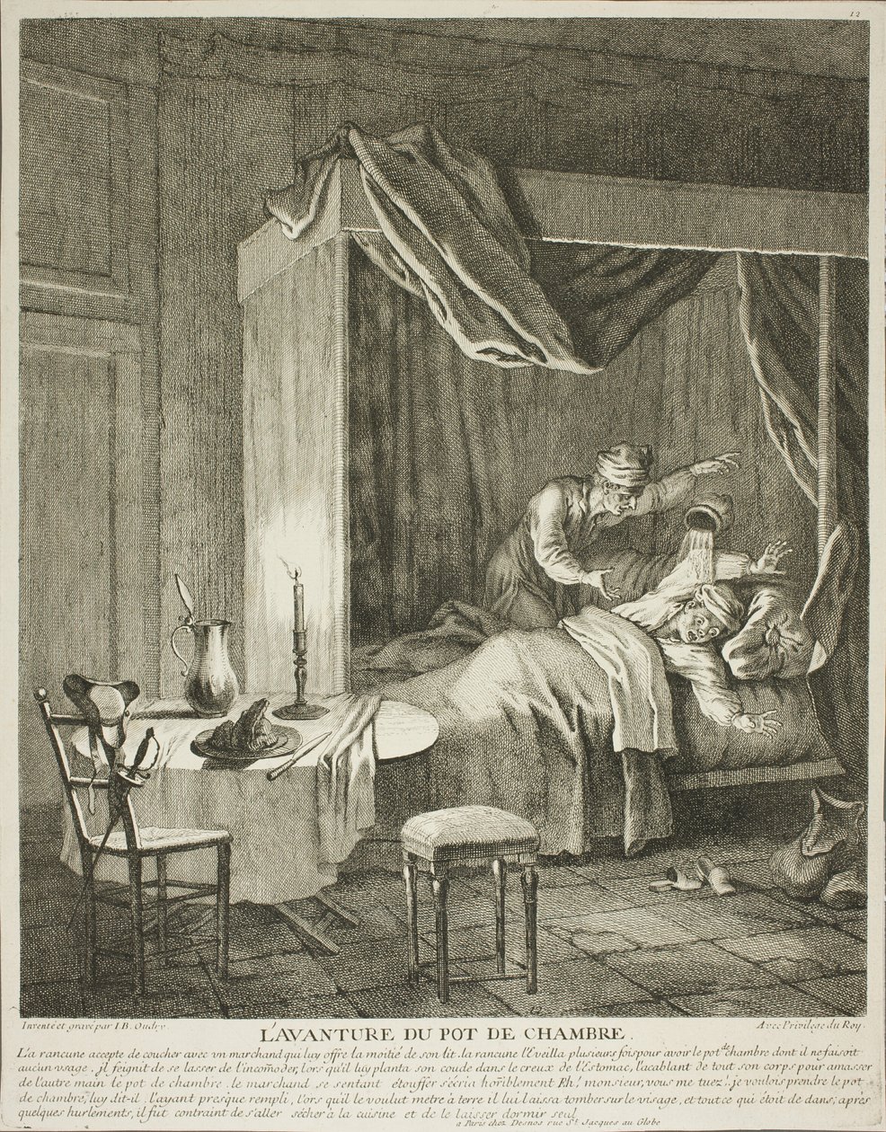 The Adventure of the Chamber Pot, planche fire fra Scènes du Roman Comique af Jean-Baptiste Oudry