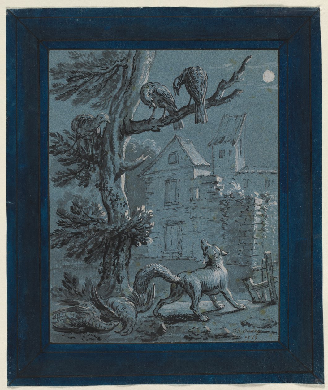 Ræven og kalkunhønsene: Illustration til fabler i La Fontaine, 1733. af Jean Baptiste Oudry