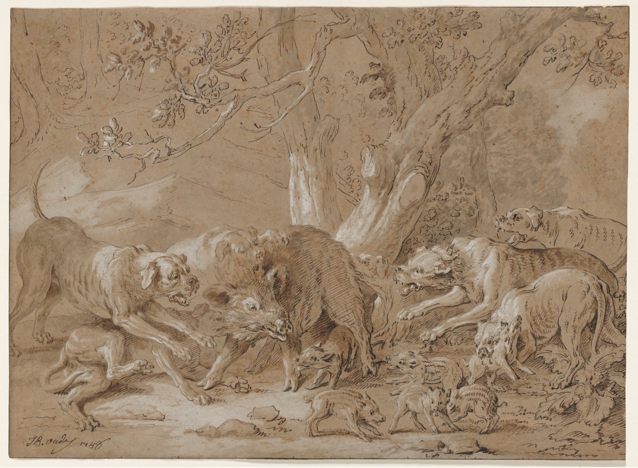 Vild so og hendes unge angrebet af hunde af Jean Baptiste Oudry