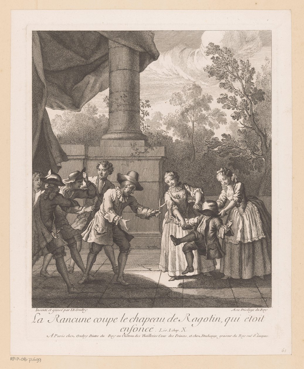 Wrok knipt af hoed van Ragotin La Rancune skærer Ragotins hat af (titel på objekt) Scener fra Roman Comique van Scarron (serietitel) af Jean Baptiste Oudry