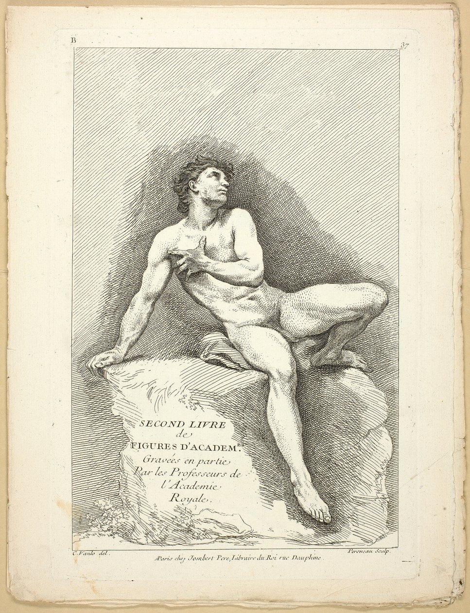 Figur (recto og verso), fra Anden bog med figurer af akademier, indgraveret delvist af professorerne fra Royal Academy af Jean Baptiste Perronneau