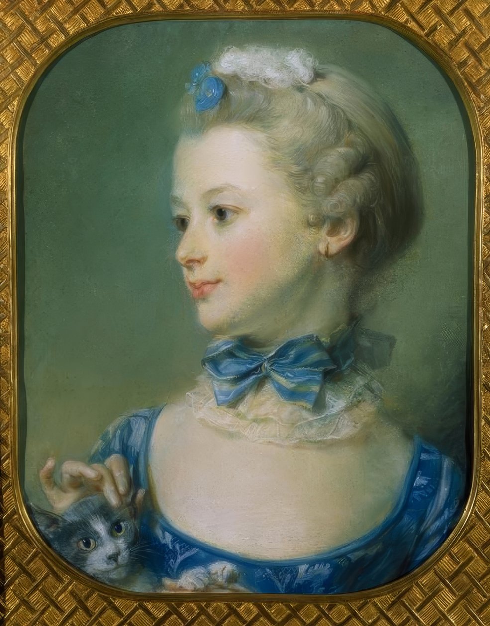 Den lille pige med katten (Portræt af Mlle Huquier) af Jean Baptiste Perronneau