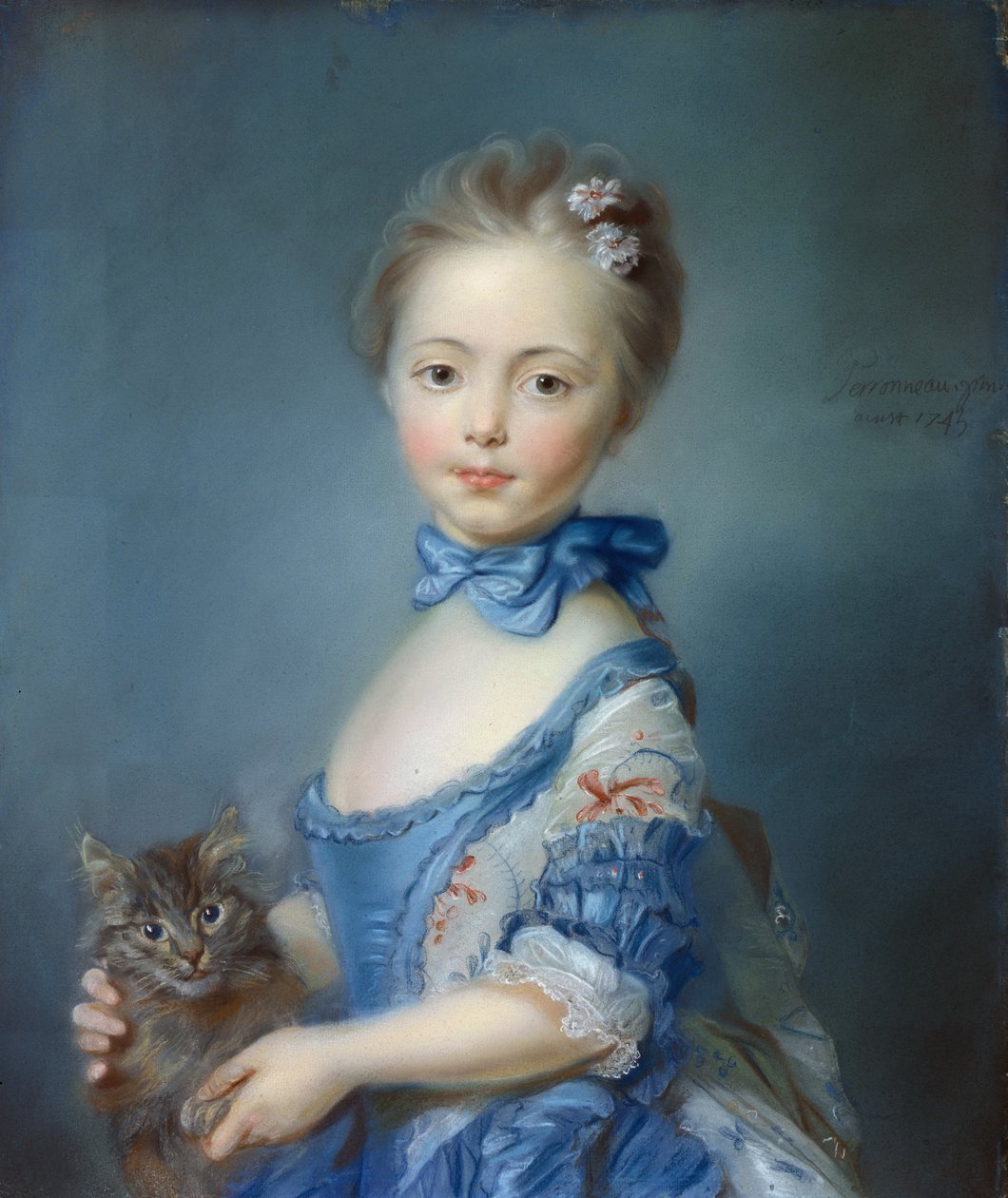 Portræt af den unge pige med en kat” Pastelmaleri af Jean-Baptiste Perroneau (Jean Baptiste Perronneau) (1715-1783) af Jean Baptiste Perronneau
