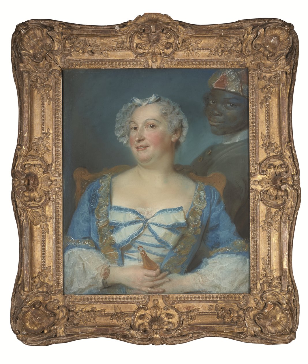 Portræt af en kvinde i blå kjole og hendes sorte tjener af Jean Baptiste Perronneau