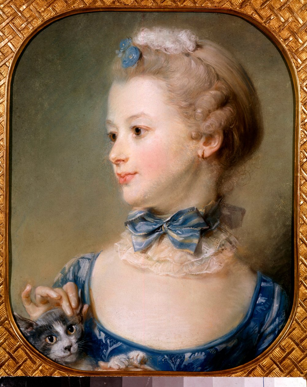 Portræt af en lille pige med en kat - Den unge dame har et bånd og et let slør om halsen sat med en knude og kærtegner hovedet på en kat med fingerspidserne - Pastelmaleri af Jean-Baptiste Perroneau (Jean Baptiste Perronneau) (1715) -1783) 18. årh af Jean Baptiste Perronneau
