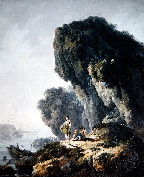 Et kystlandskab med figurer på en klippe (olie på lærred) af Jean Baptiste Pillement