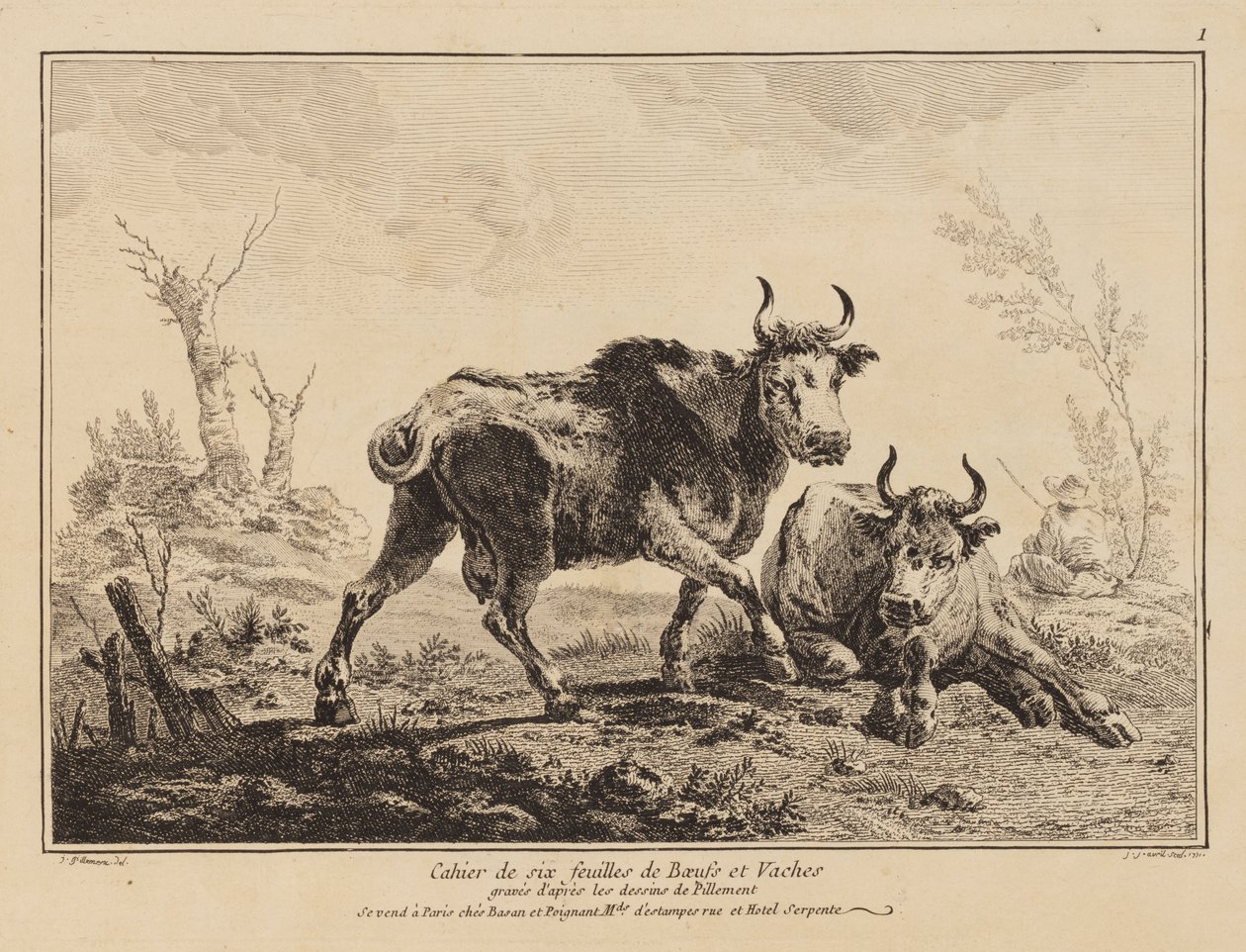 Notesbog med seks ark okse og køer af Jean Baptiste Pillement
