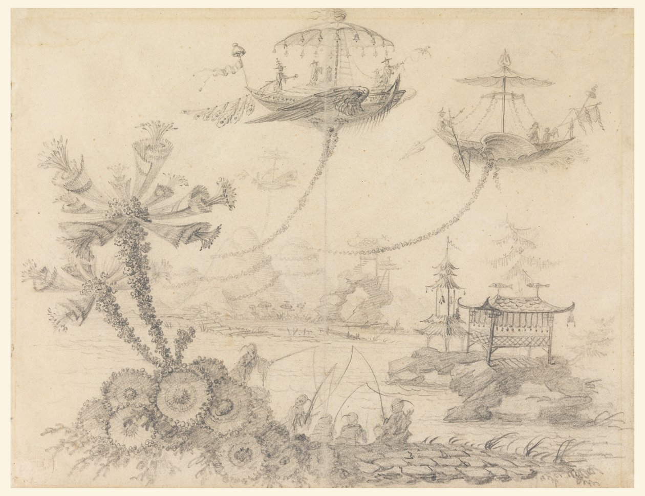 Tegning, Chinoiserie-fantasi, 1770-90 af Jean Baptiste Pillement