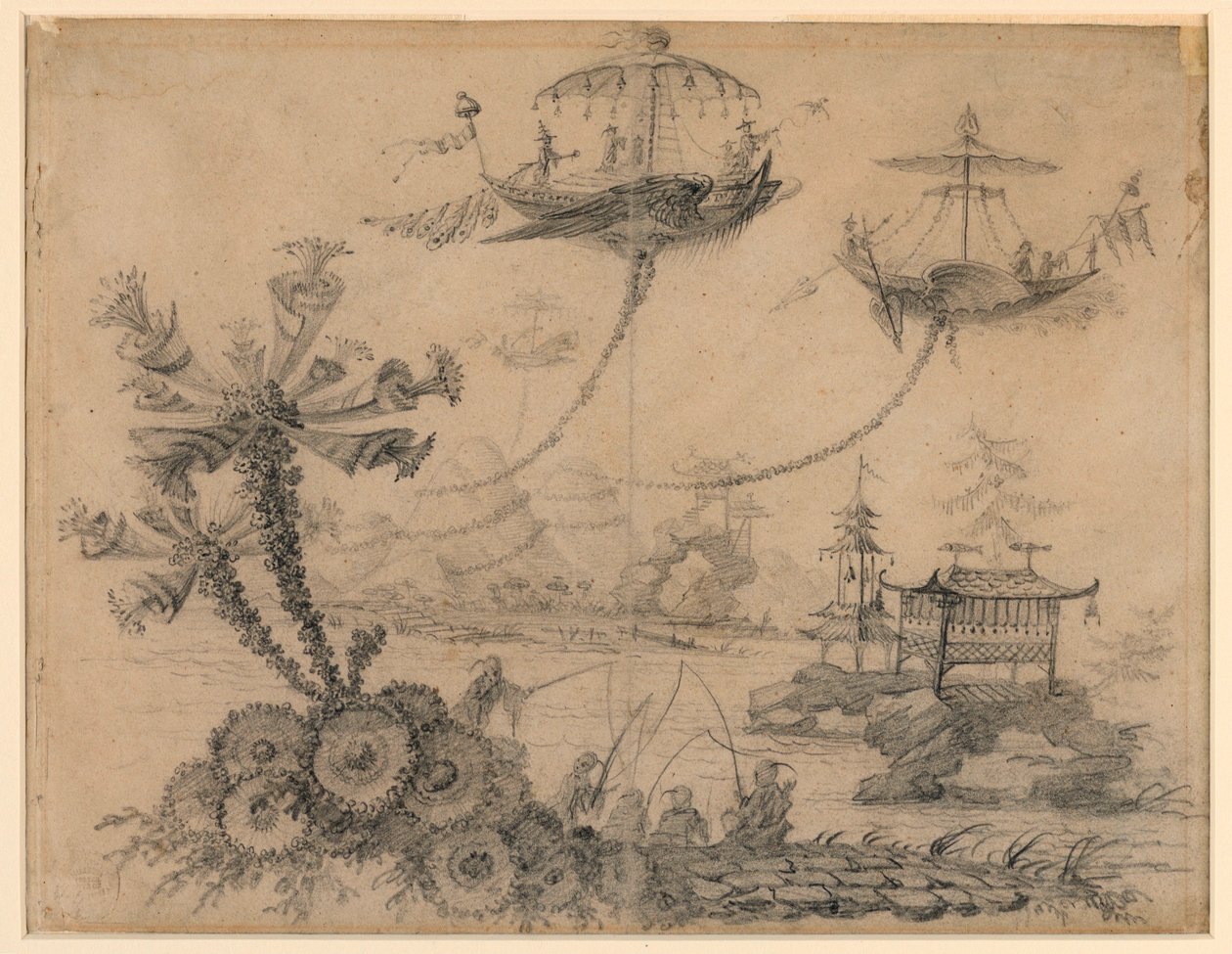 Tegning, Chinoiserie-fantasi, 1770-90 af Jean Baptiste Pillement