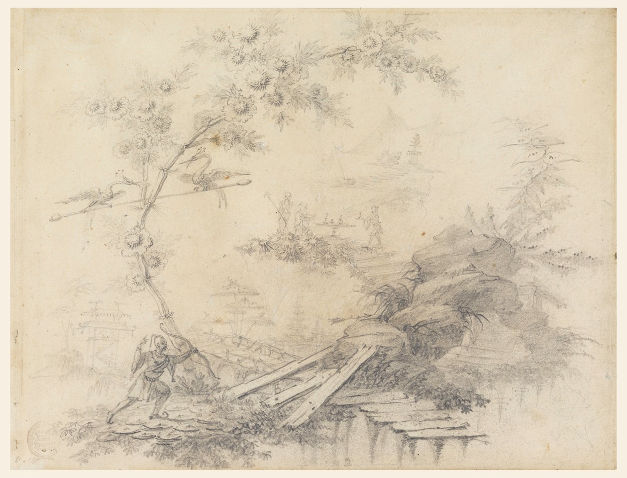 Tegning, Chinoiserie-fantasi, ca. 1780 af Jean Baptiste Pillement