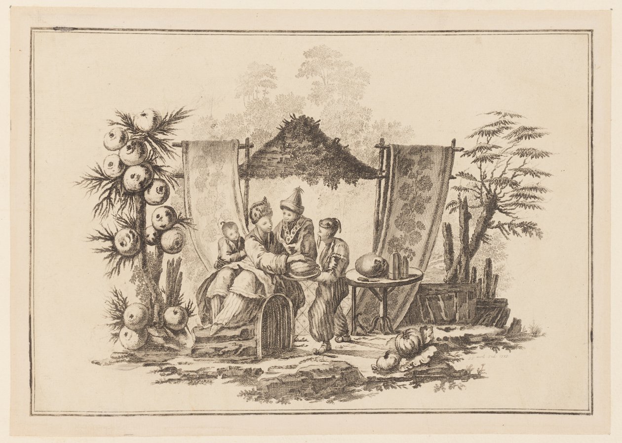 Figurer med en squash, fra "Ny notesbog med seks ark med forskellige historiske kinesiske emner" af Jean Baptiste Pillement