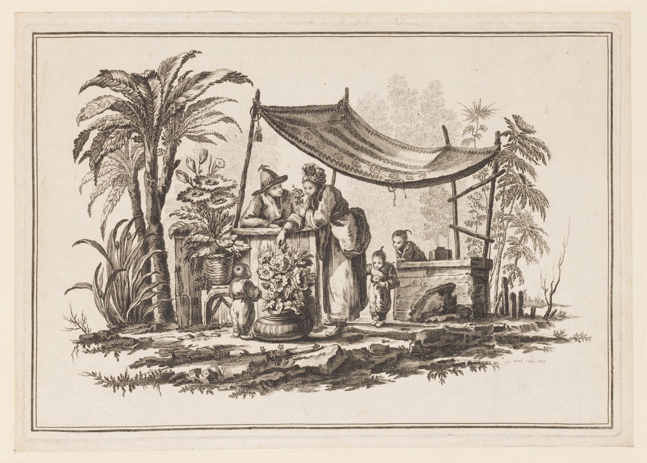 Figurer med en vase med blomster, fra "Ny notesbog med seks ark med forskellige historiske kinesiske emner" af Jean Baptiste Pillement