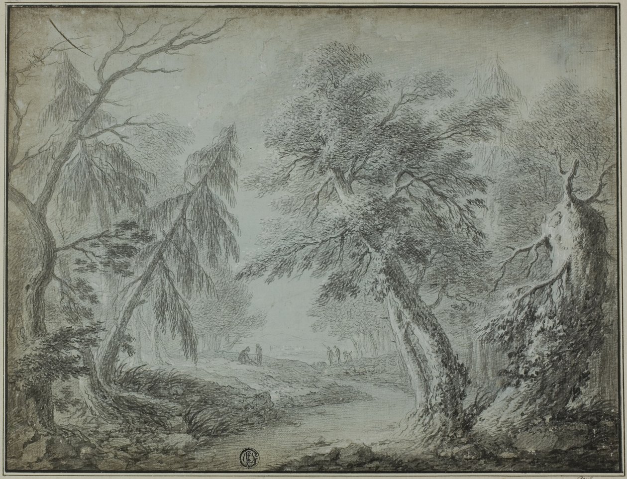 Skov med vandløb og figurer af Jean Baptiste Pillement