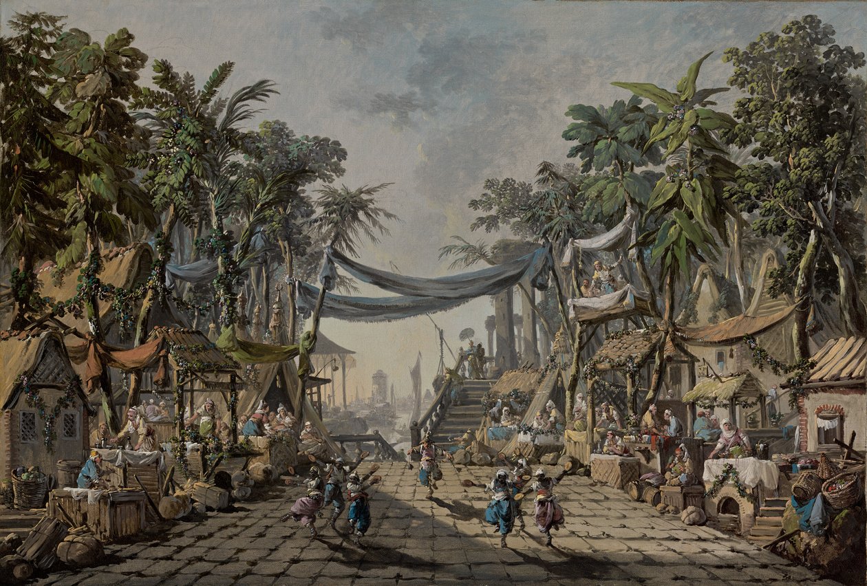 Markedsscene i en imaginær orientalsk havn af Jean Baptiste Pillement