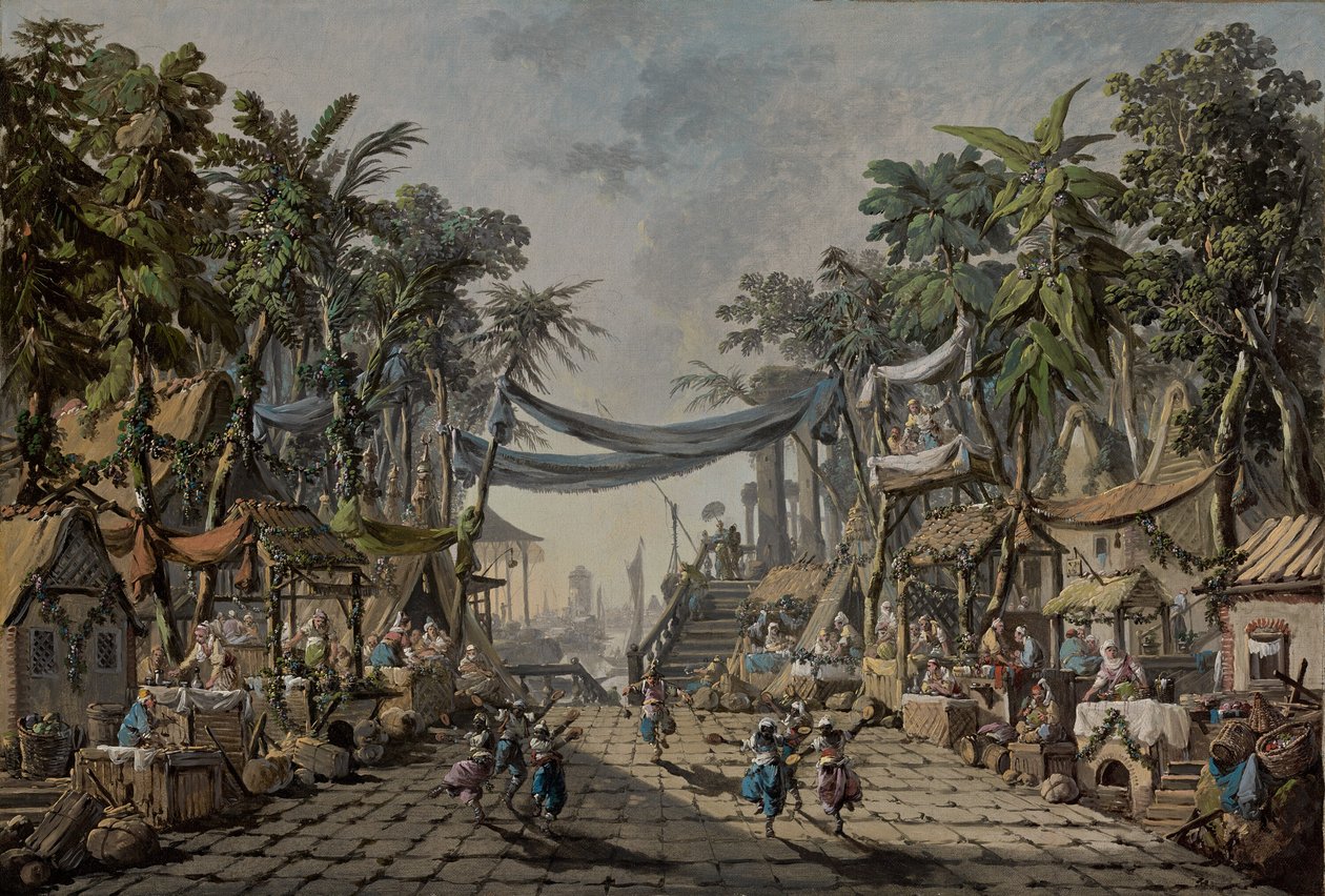 Markedsscene i en imaginær orientalsk havn, ca. 1764 (olie på lærred) af Jean Baptiste Pillement