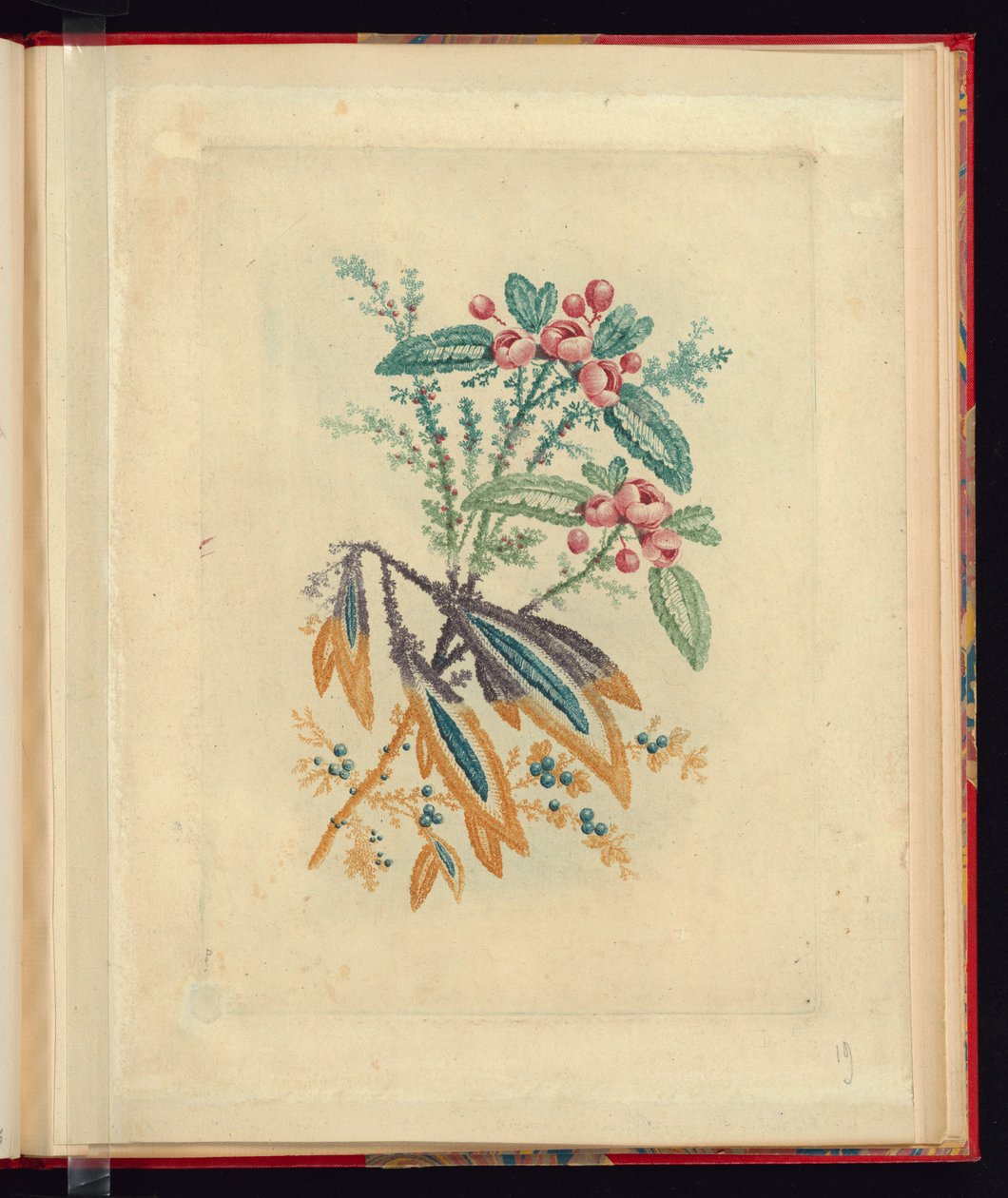 Ornamental design med små røde blomster og bær, fra New Suite of Natural Flower Notebooks til brug for tegnere og malere, No.1 af Jean Baptiste Pillement