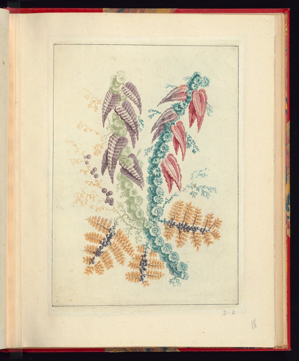 Ornamental design med trekantede lilla og røde blade, fra New Suite of Natural Flower Notebooks for the Use of Draughters and Malers, No.1 af Jean Baptiste Pillement