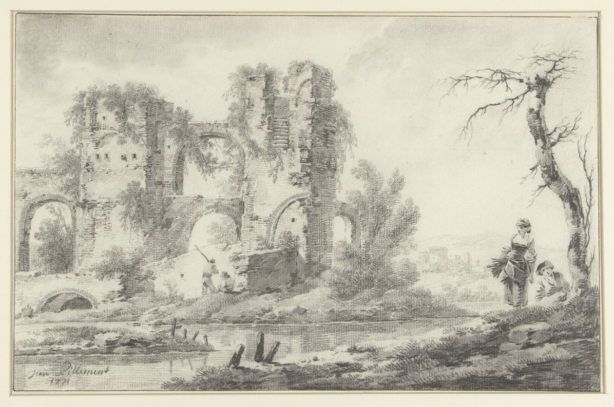 Ruin ved en flod med en dreng og en pige til højre af Jean Baptiste Pillement