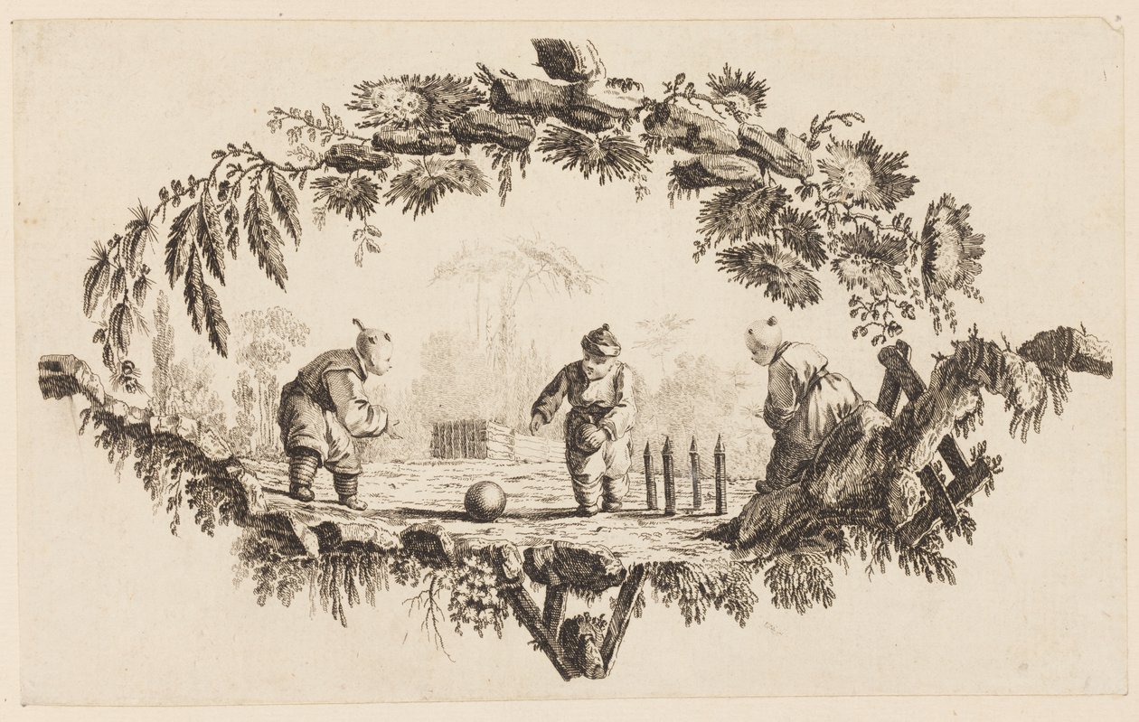 Tre figurer, der leger med en bold, fra "Samling af flere kinesiske børns spil" af Jean Baptiste Pillement