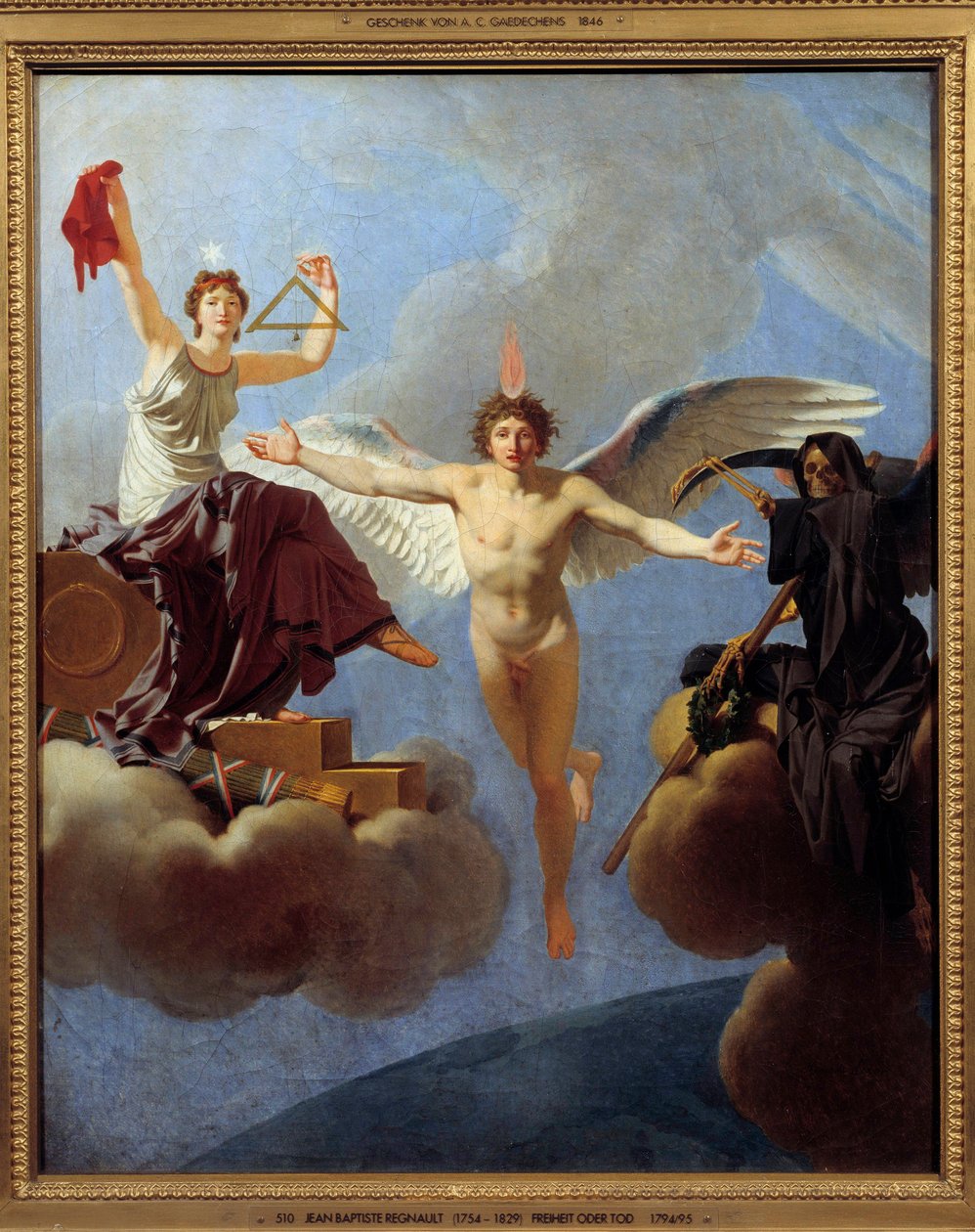 La Liberte ou la Mort Allegorie de la Liberte til venstre, dækket af Diademe de la Reason, arv fra Siecle des Lumieres. Med venstre hånd svinger hun torvet og blytråden, der symboliserer lighed i medborgerskab. Det inkarnerer værdierne af t af Jean Baptiste Regnault
