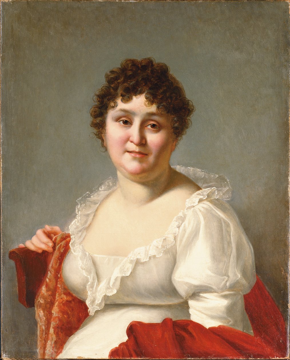 Portræt af Madame Regnault, brystlængde, i hvid kjole og persimmon sjal (olie på lærred) af Jean Baptiste Regnault