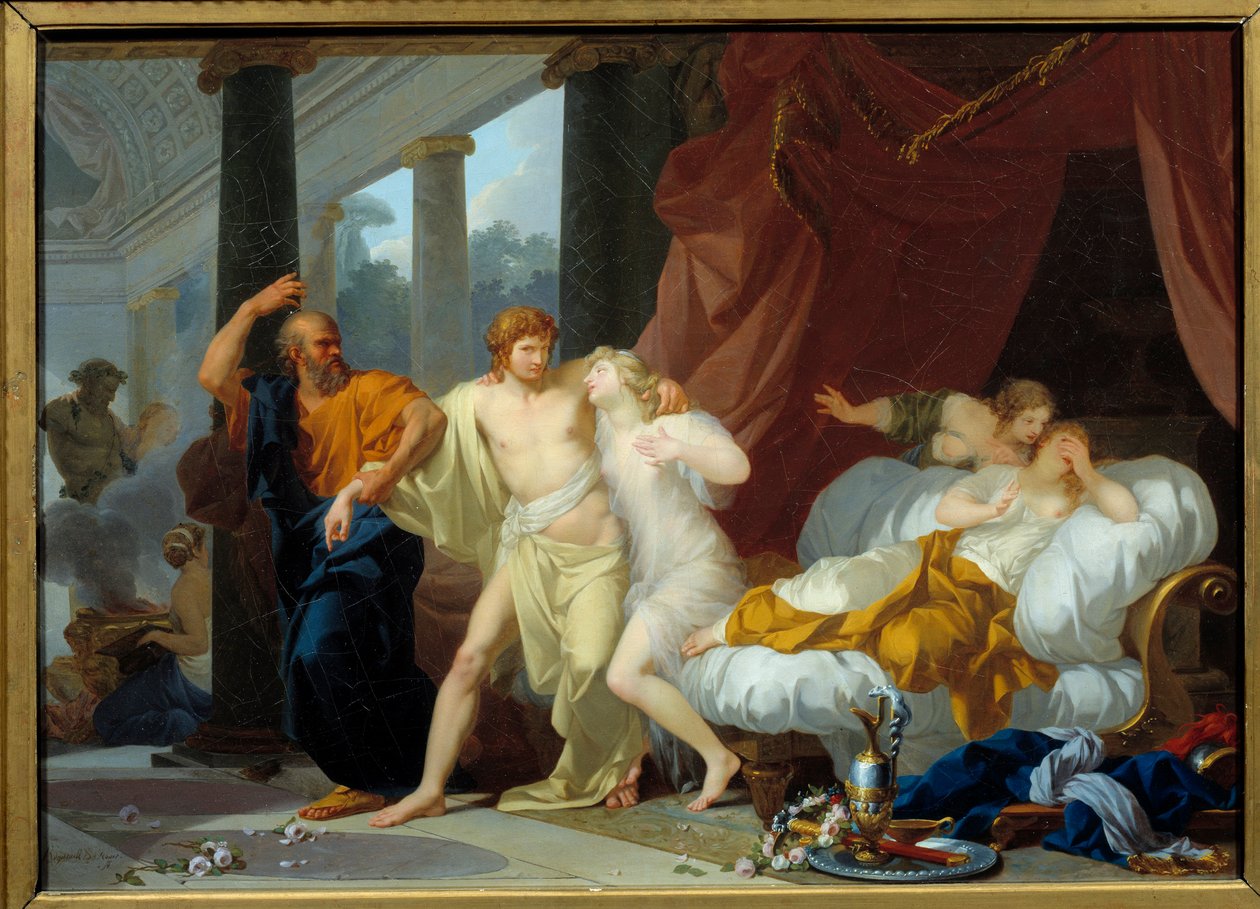 Sokrates trækker Alcibiade ud af voluptens skød Filosoffen Sokrates træner sin discipel Alcibiade (450-404 f.Kr.) væk fra fortabelsens steder. Maleri af Jean Baptiste Regnault (1754-1829) 1791 søn. 0,46x0,63 m af Jean Baptiste Regnault