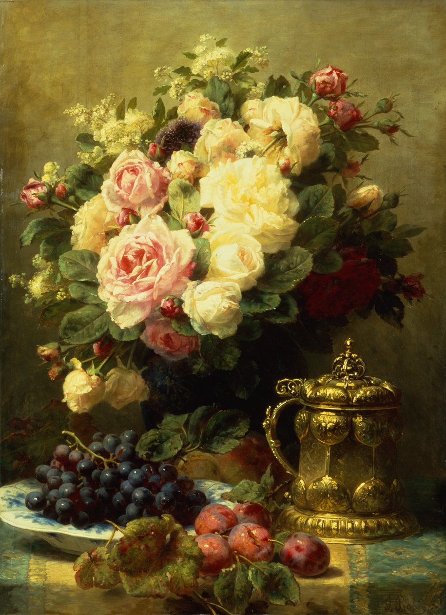 En vase med roser og en tankard på et bord (olie på lærred) af Jean Baptiste Robie
