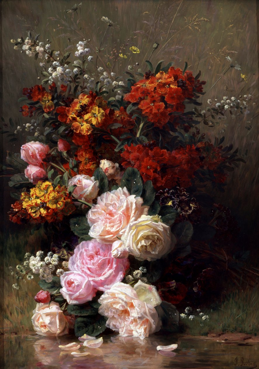 Sommerblomster (bl.a. roser og pelargonier). Maleri af Jean Baptiste Robie (1821-1910) Privat samling. af Jean Baptiste Robie