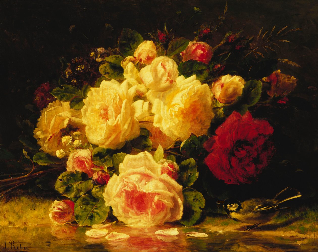Roser med en blåmejse ved en strøm, af Jean Baptiste Robie